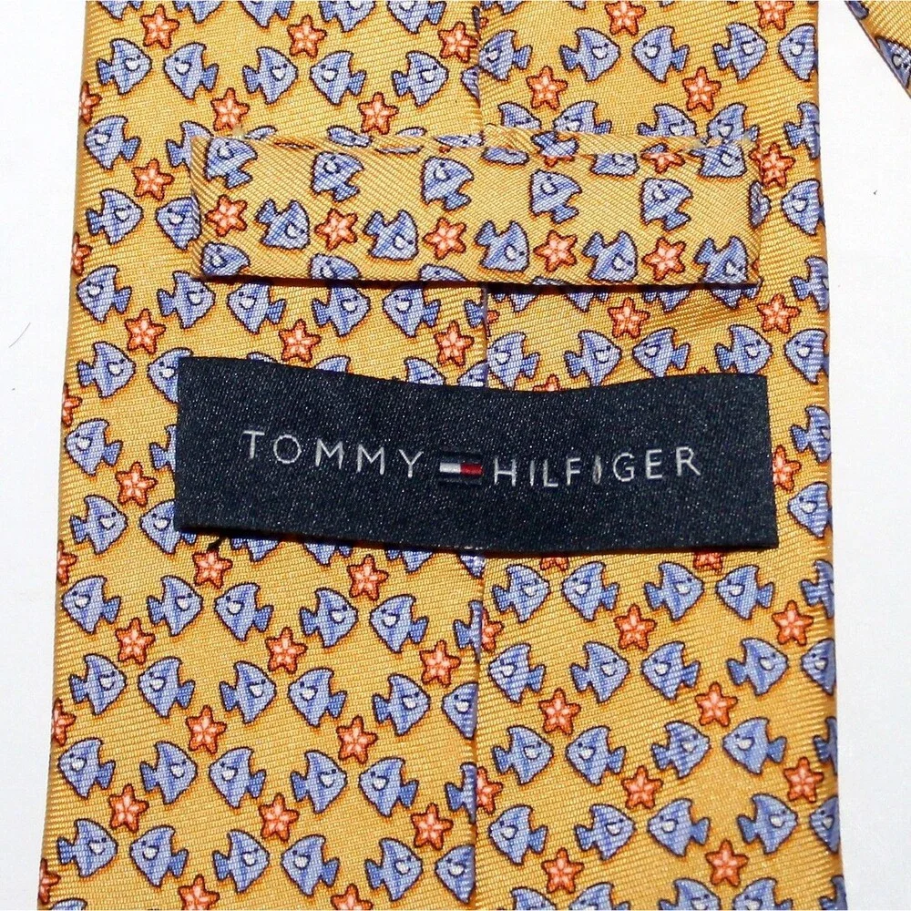 Tommy Hilfiger Necktie yellow blue fish starfish 100% silk sea ocean coast